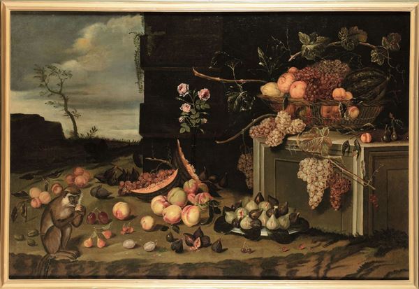 Scuola Fiamminga del XVII secolo Natura morta con frutta, fiori e scimmietta