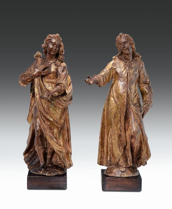 Coppia di figure in legno scolpito e parzialmente dorato rappresentanti l’Annunciazione, scultore operante tra Veneto e Lombardia nel XVII secolo