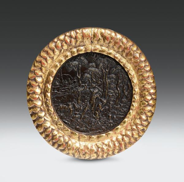 Gruppo di tre placchette in bronzo fuso e cesellato, fonditore d’oltralpe del XVI secolo