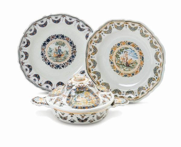 A Moustiers bowl and two dishes, towards the 18th century