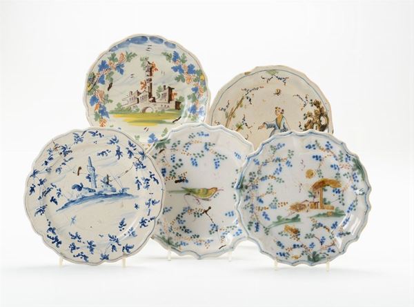 Five maiolica plates, Lombard or Ligurian workshops, 18th century