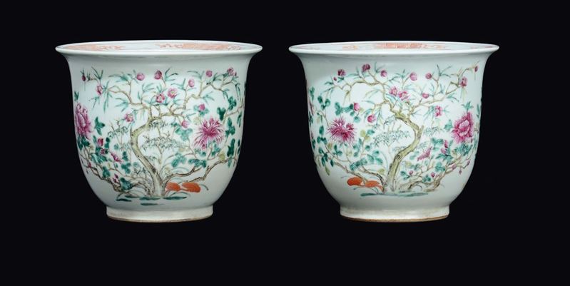 A pair of Famille-Rose porcelain jardinières with blossom branches, China, Qing Dynasty, 19th century  - Auction Fine Chinese Works of Art - Cambi Casa d'Aste