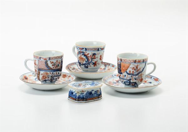 Three cups and saucers and a saltcellar, East India Company, 18th century
