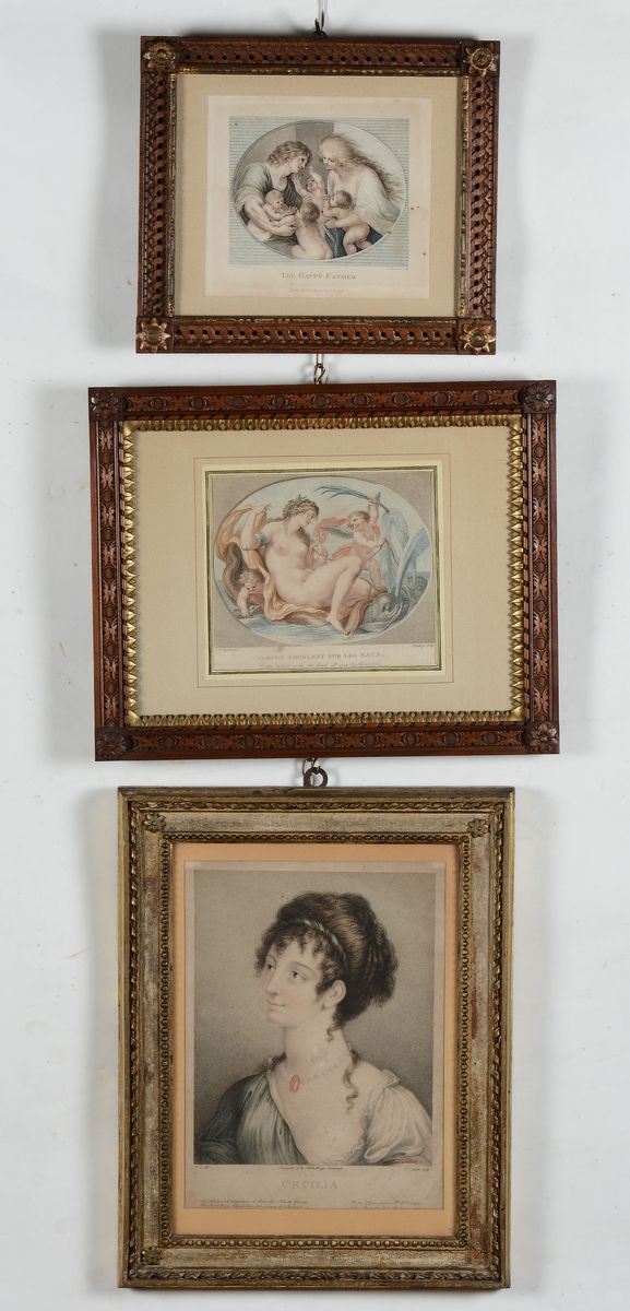 Lotto di tre incisioni acquerellate con cornici Luigi XVI  - Auction Asta a Tempo Antiquariato - II - Cambi Casa d'Aste