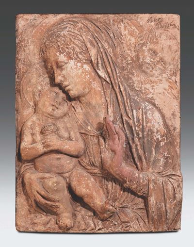 Altorilievo in Terracotta Raffigurante Madonna con Bambino, Italia XIX-XX Secolo, Firmato in Alto...