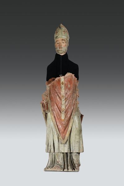Parte di Scultura in Terracotta Policroma Raffigurante Santo Vescovo. Arte Italiana del XV Secolo