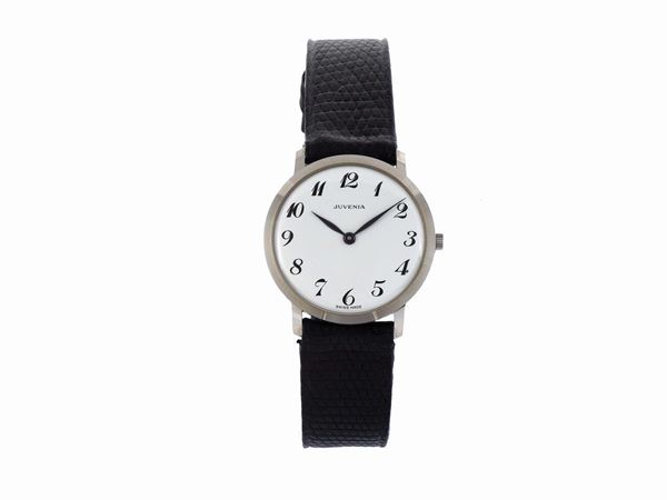 JUVENIA, case No. 681871, Ref. 7487AB, 18K white gold wristwatch with a steel Juvenia buckle. Accompanied by the original box and Guarantee. Made in the 1960's