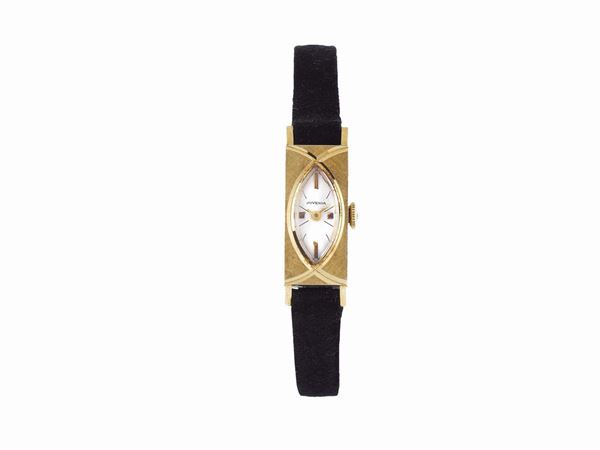 JUVENIA, case no. 682272, Ref 7331, 18K yellow gold rectangular lady's wristwatch with gold plated Juvenia buckle. Accompanied by the original box and Guarantee. Made circa 1960