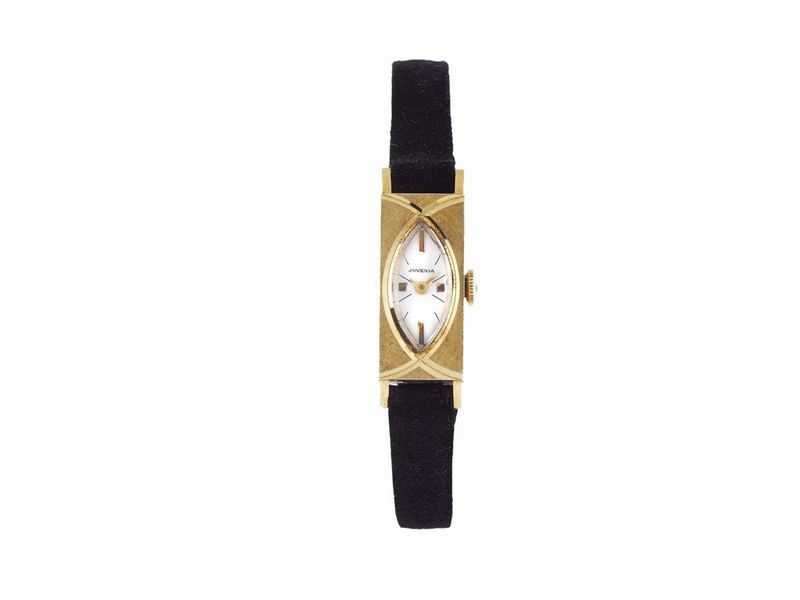 JUVENIA, case no. 682272, Ref 7331, 18K yellow gold rectangular lady's wristwatch with gold plated Juvenia buckle. Accompanied by the original box and Guarantee. Made circa 1960  - Auction Watches and Pocket Watches - Cambi Casa d'Aste