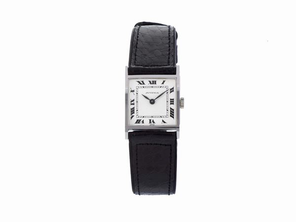 JUVENIA, case No. 690936, Ref. 7342X, 18K white gold, square lady's wristwatch with steel Juvenia buckle. Accompanied by the original box and Guarantee. Made circa 1960