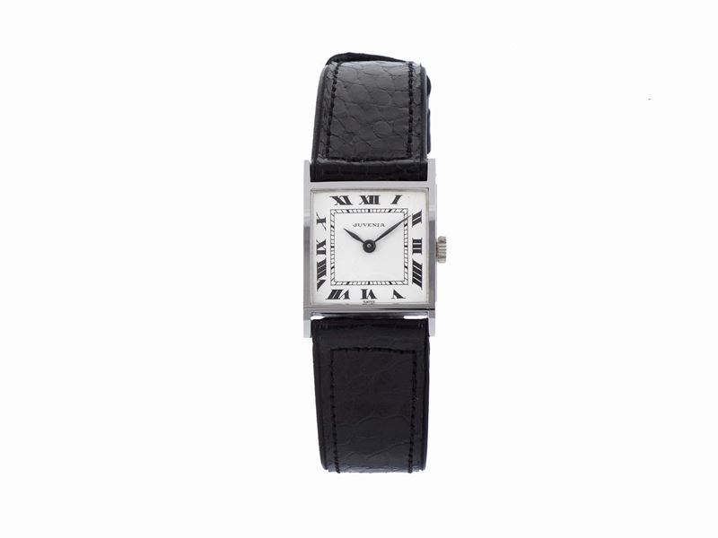 JUVENIA, case No. 690936, Ref. 7342X, 18K white gold, square lady's wristwatch with steel Juvenia buckle. Accompanied by the original box and Guarantee. Made circa 1960  - Auction Watches and Pocket Watches - Cambi Casa d'Aste