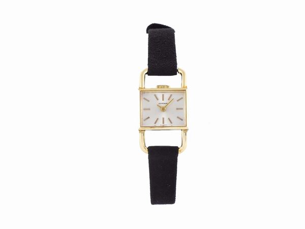 JUVENIA, Padlock, case No. 765265, Ref. 8004, 18K yellow gold unusual lady's wristwatch with a gold plated Juvenia buckle. Accompanied by the original box and Guarantee. Made circa 1960