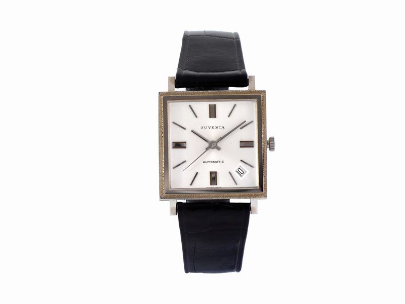 JUVENIA, case No. 886195, Ref. 8685, self-winding, 18K white gold square wristwatch with date and a steel Juvenia buckle. Made circa 1970. Accompanied by the original box and Guarantee  - Auction Watches and Pocket Watches - Cambi Casa d'Aste
