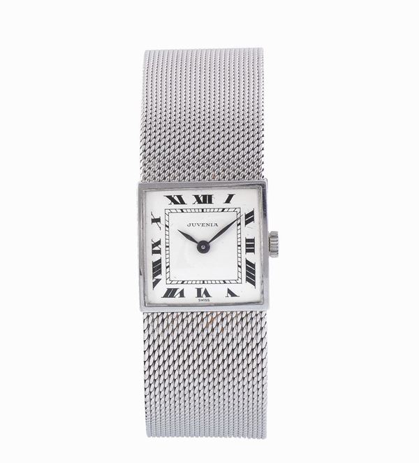 JUVENIA, cassa No. 684945, Ref. 7183, orologio da polso, in oro bianco 18K, di forma quadrata con bracciale in oro bianco 18K. Accompagnato da scatola e Garanzia. Realizzato circa nel 1960