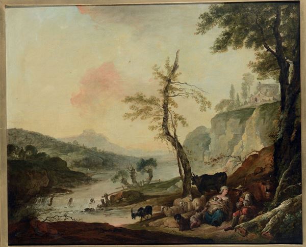 Pittore Veneto del XVIII secolo Paesaggio fluviale con pastori