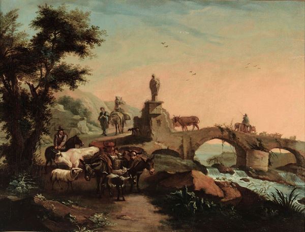 Nicolas Berkem ( Haarlem 1620 - Amsterdam 1683), seguace di Paesaggio con armenti sul ponte