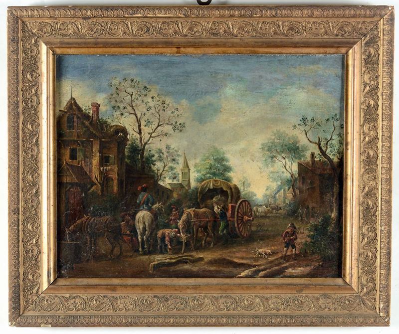 Pittore Fiammingo del XVIII secolo Veduta con carro e figure  - Asta Dipinti Antichi - Cambi Casa d'Aste
