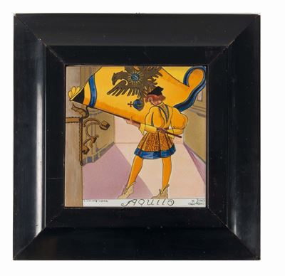 Manifattura Santa Lucia, Disegno di Dino Rofi per piastrella in maiolica policroma, Siena, 1940