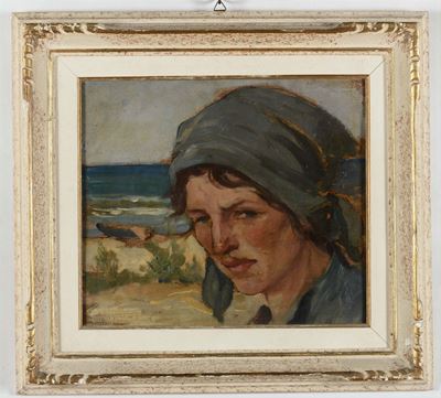 Scuola Ligure del XIX Secolopaesaggio Marino con Ritratto Femminile