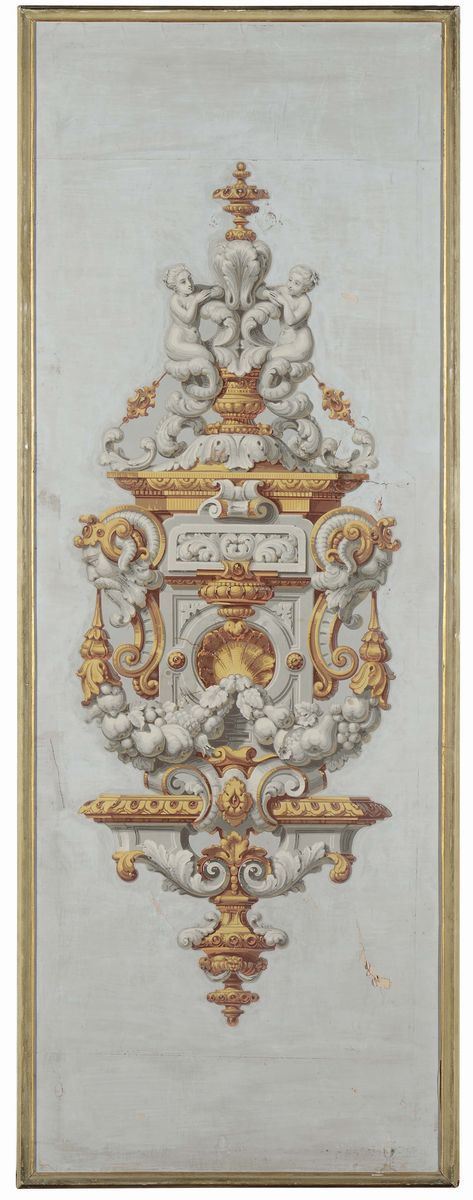 Coppia di tempere su tela con fregi ornamentali, XVIII-XIX secolo