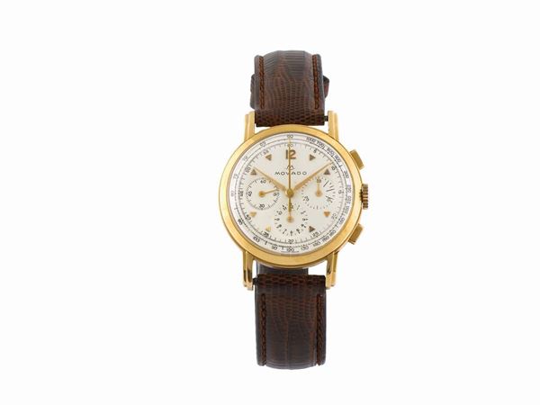 MOVADO, case No. A102669, Ref. R9053,18K yellow gold chronograph wristwatch with registers and tachometer. Made circa 1960