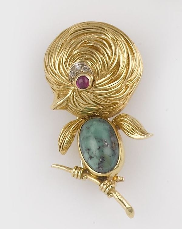 A gold, turquoise and sapphire brooch. Van Cleef & Arpels