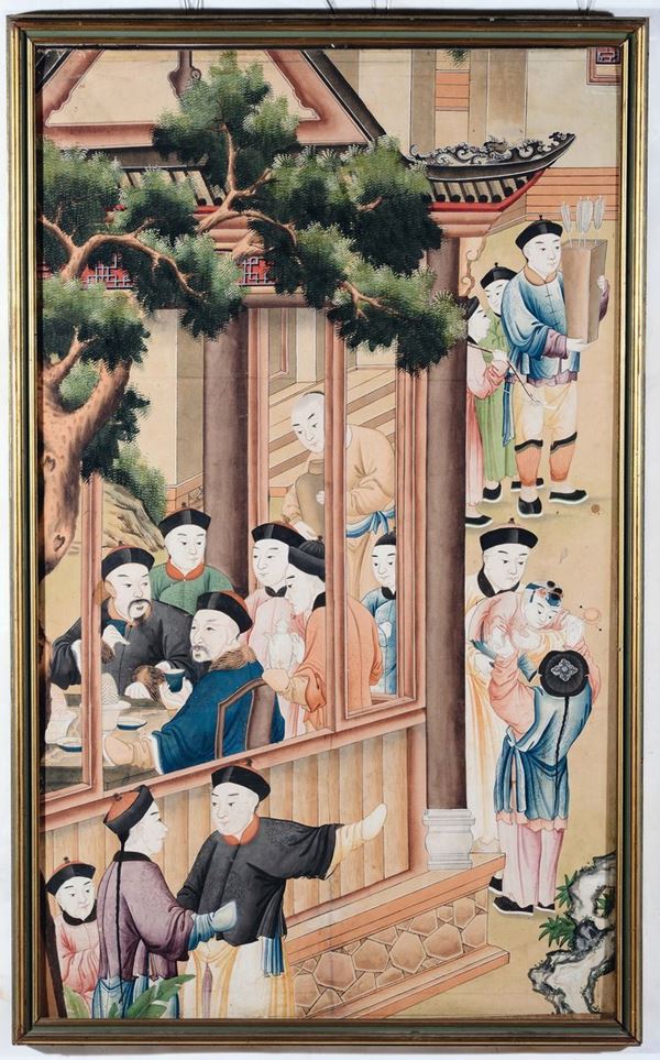 Coppia di dipinti su carta raffiguranti scolari ed attendenti, Cina Dinastia Qing, epoca Qianlong (1736-1795)