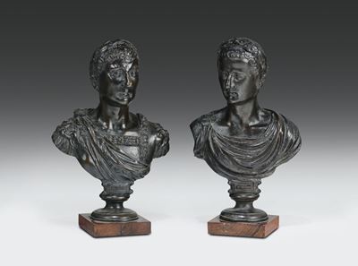 Coppia di Busti Virili in Bronzo Fuso, Cesellato e Patinato Raffiguranti Imperatori Romani (cesar...