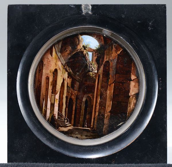 Piccolo dipinto circolare raffigurante il Colosseo