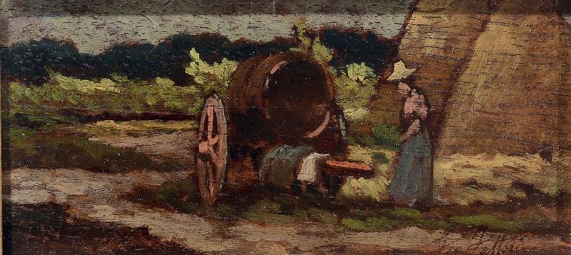 Giovanni Fattori (1825 - 1908) Paesaggio con contadino  - Asta Dipinti del XIX e XX secolo - Cambi Casa d'Aste
