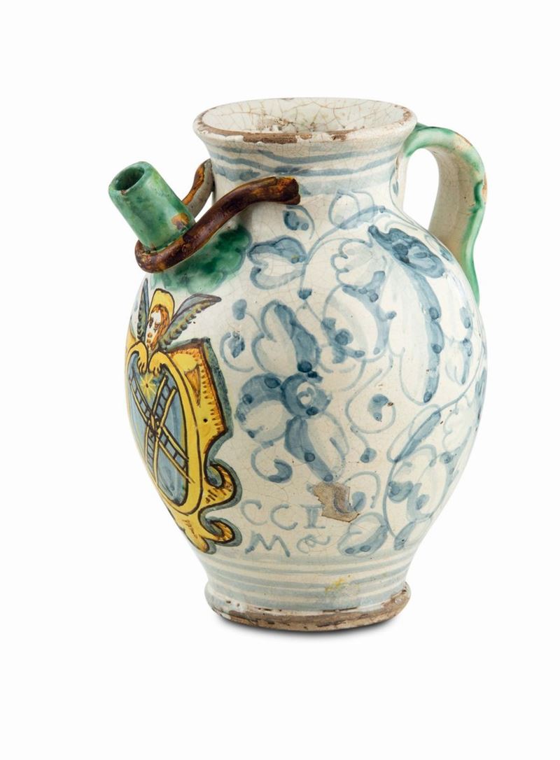 Orciolo Montelupo, bottega della metà del XVII secolo  - Asta Maioliche e Porcellane da Collezione - Cambi Casa d'Aste