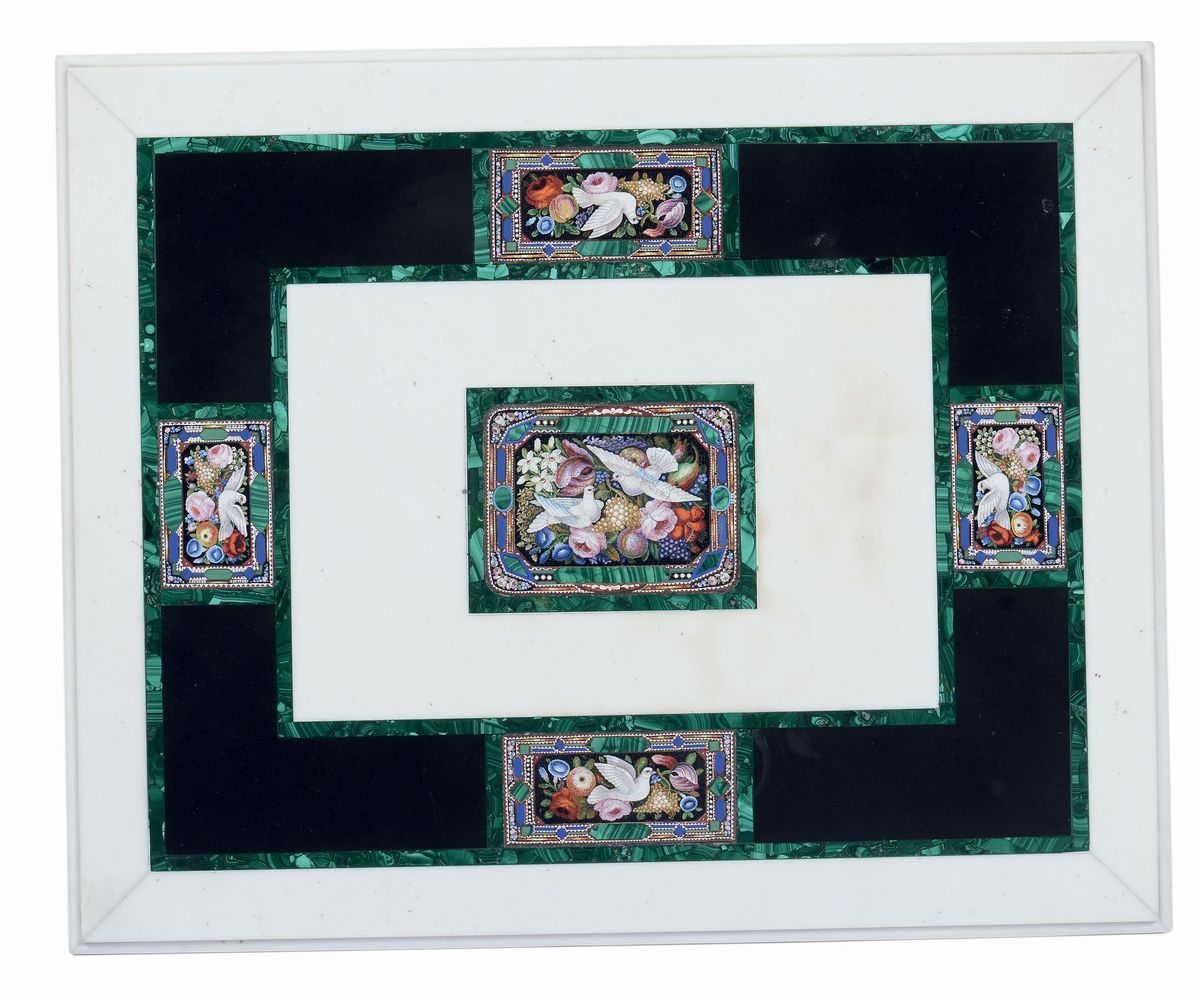 Tavolino con Piano in Marmo Intarsiato in Malachite e Micromosaici, XIX Secolo