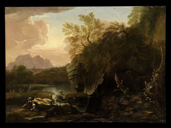Salvator Rosa (Napoli 1615 - Roma 1673), cerchia di Coppia di paesaggi con figure nei pressi di un fiume