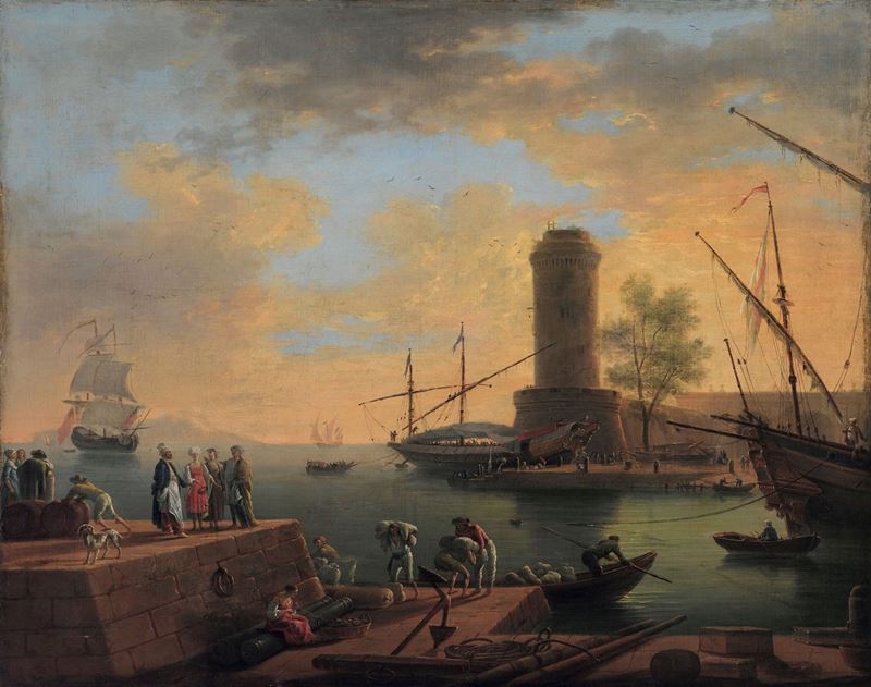 Charles François Grenier de Lacroix, detto Charles François Lacroix de Marseille (Marsiglia 1700 - Berlino 1779/1782) Scena di porto  - Asta Dipinti Antichi - Cambi Casa d'Aste