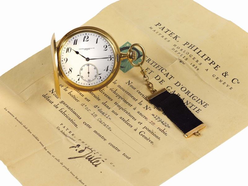 PATEK PHILIPPE, movimento No. 179422, cassa No. 281426, orologio da tasca in oro giallo 18K. Accompaniato da Certificato di Origine. Realizzato nel 1900 circa  - Asta Orologi da Polso e da Tasca - Cambi Casa d'Aste