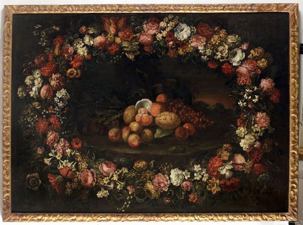 Pier Francesco Cittadini (Milano 1616 - Bologna 1681) detto il Milanese Coppia di nature morte con corone di fiori e frutta