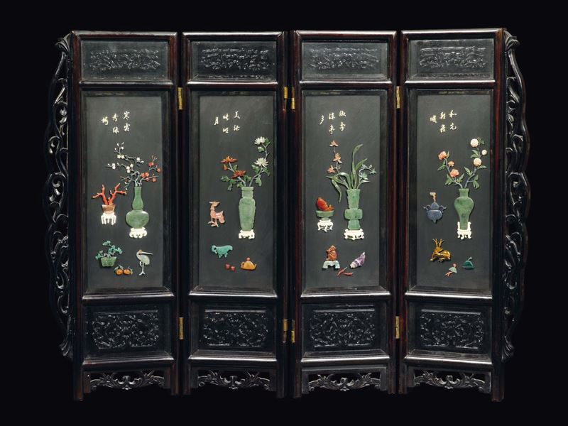 A four-shutters screen with jade, ivory and sempi-precious stone inlays, China, Qing Dynasty, 19th century  - Auction Fine Chinese Works of Art - Cambi Casa d'Aste