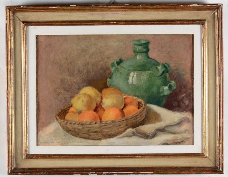 Anonimo XIX secolo Cesto con frutta e brocca verde  - Asta Dipinti del XIX e XX secolo - Cambi Casa d'Aste