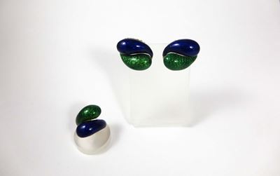Orecchini ed Anello con Smalto Blu e Verde