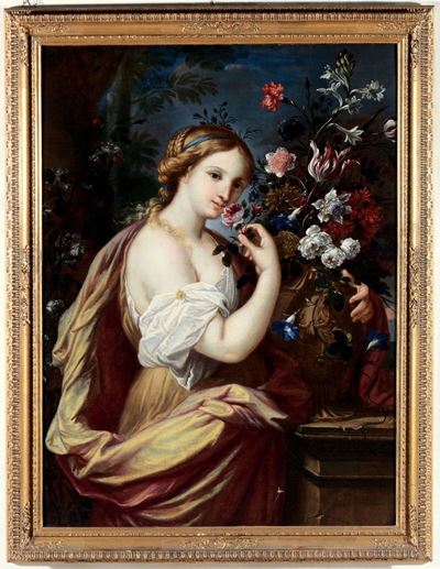 Mario Nuzzi Detto Mario De' Fiori (stato Pontificio 1603 - Roma 1673)figura Femminile con Vaso di...