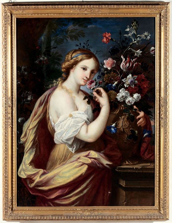 Mario Nuzzi detto Mario De' Fiori (Stato Pontificio 1603 - Roma 1673) Figura femminile con vaso di fiori