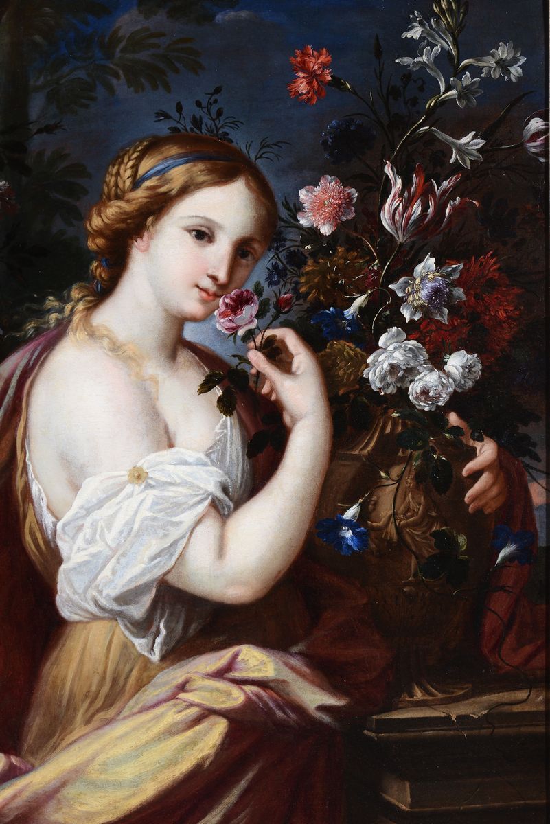 Mario Nuzzi Detto Mario De' Fiori (stato Pontificio 1603 - Roma 1673)figura Femminile con Vaso di...