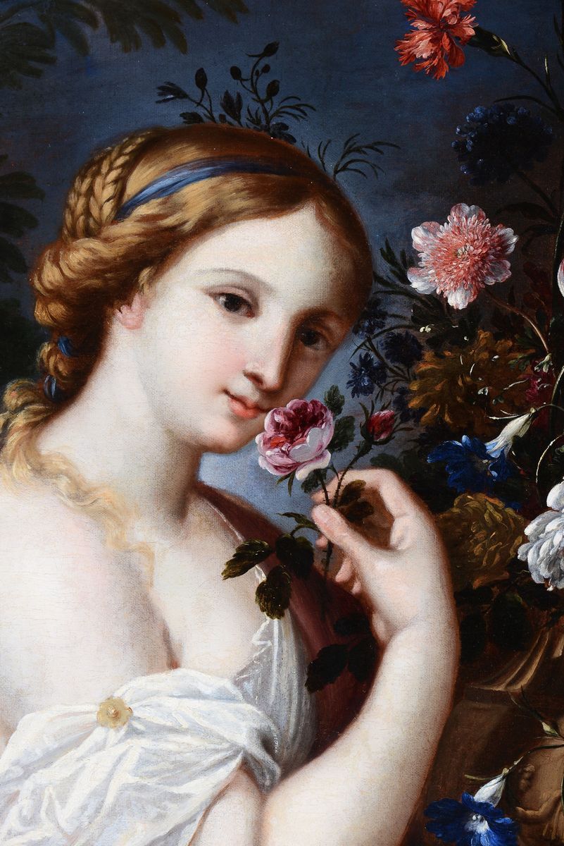 Mario Nuzzi Detto Mario De' Fiori (stato Pontificio 1603 - Roma 1673)figura Femminile con Vaso di...