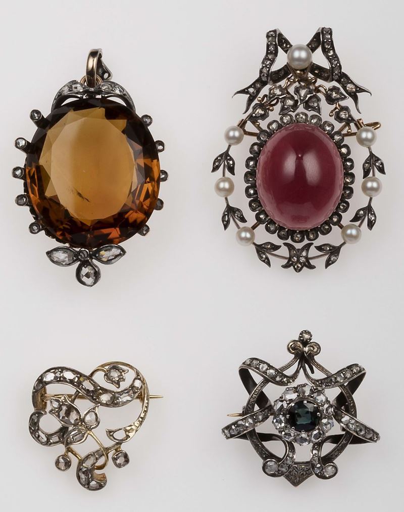 Lotto composto da due pendenti e due spille con quarzi, rosette di diamanti, perle e paste vitree  - Asta Fine Jewels - II - Cambi Casa d'Aste