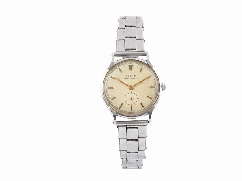 ROLEX,  Shock Resisting, case No. 946615, Ref. 4498, stainless steel  wristwatch with a steel elastic bracelet. Made circa 1950  - Auction Watches and Pocket Watches - Cambi Casa d'Aste