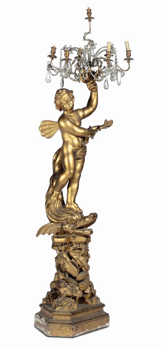 Figura reggi torciera a guisa di amorino in legno scolpito e dorato, Genova, da Filippo Parodi, XIX secolo