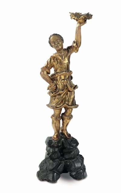Figura Reggi Torciera a Guisa di Paggio in Legno Scolpito, Laccato e Dorato, XVIII-XIX Secolo