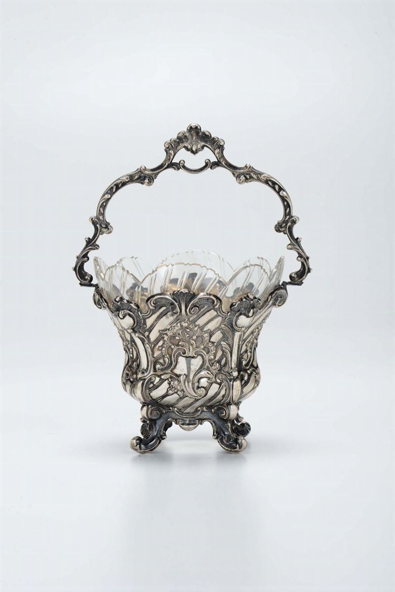 A silver basket with glass inside, Luigi Filippo.  - Auction Modern and Contemporary Silvers - Cambi Casa d'Aste
