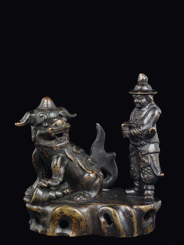 Gruppo in bronzo con guerriero e cane di Pho, Cina, Dinastia Ming, XVII secolo