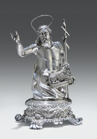 Scultura Raffigurante San Giovanni Battista in Argento Fuso, Sbalzato e Cesellato, Napoli XIX Sec...